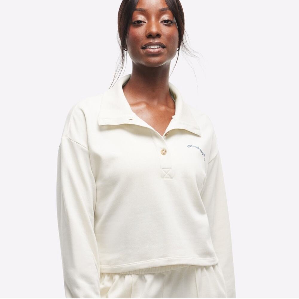 Peloton Sweatshirt Womens Small Cream Boxy Crop French Terry Button Up Sporty